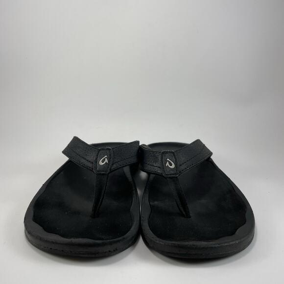 Olukai Ohana Leather Flip Flops Womens Size 8 Black Hawaiian Beach Sandals - Picture 2 of 9